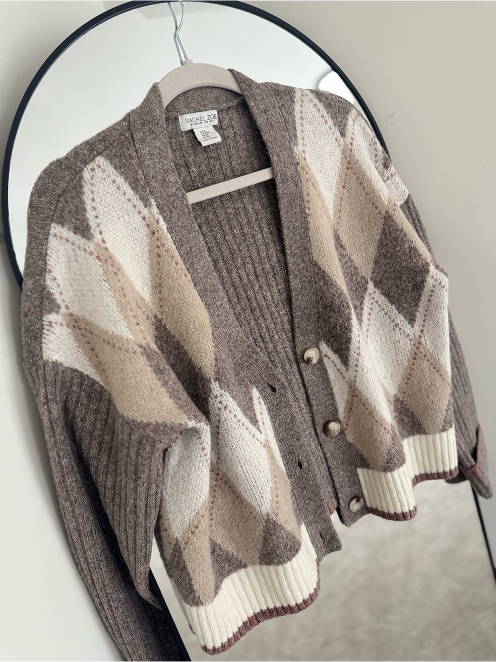 Rachel Zoe Taupe, Cream &‎ Beige Argyle Knit Cardigan - Picture 3 of 10